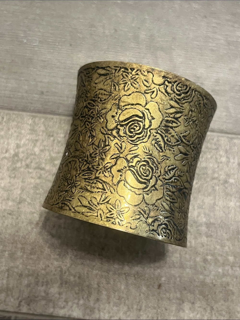 Floral Embossed Wide Cuff Bracelet in Goldtone